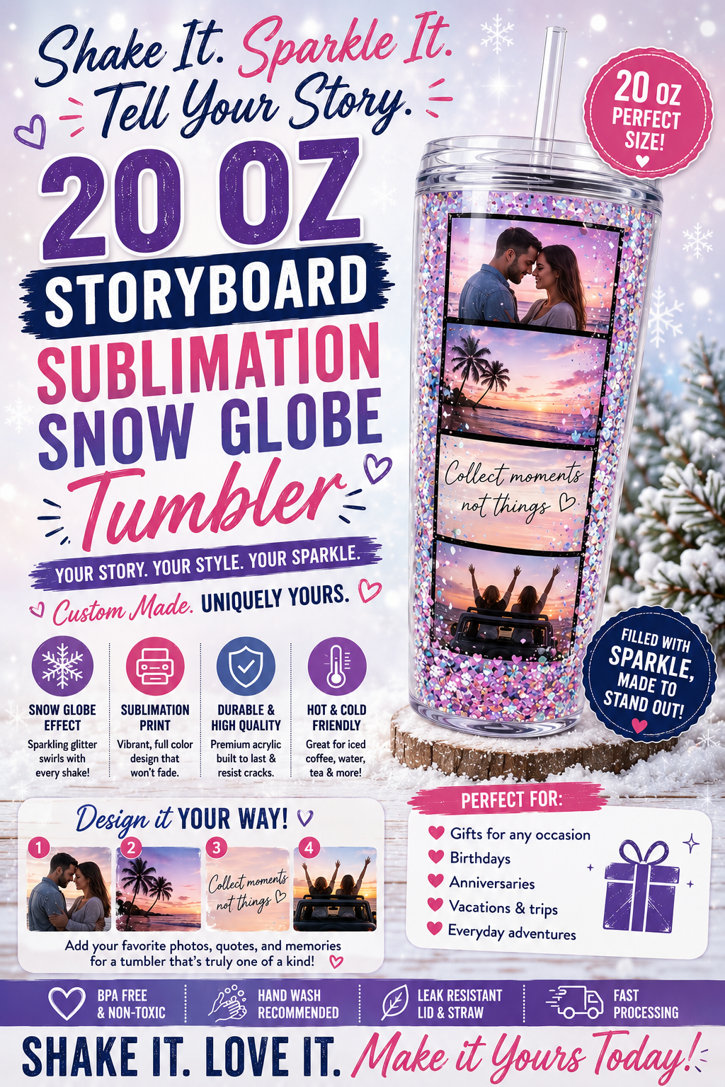 20 oz sublimation storyboard snow globe tumbler